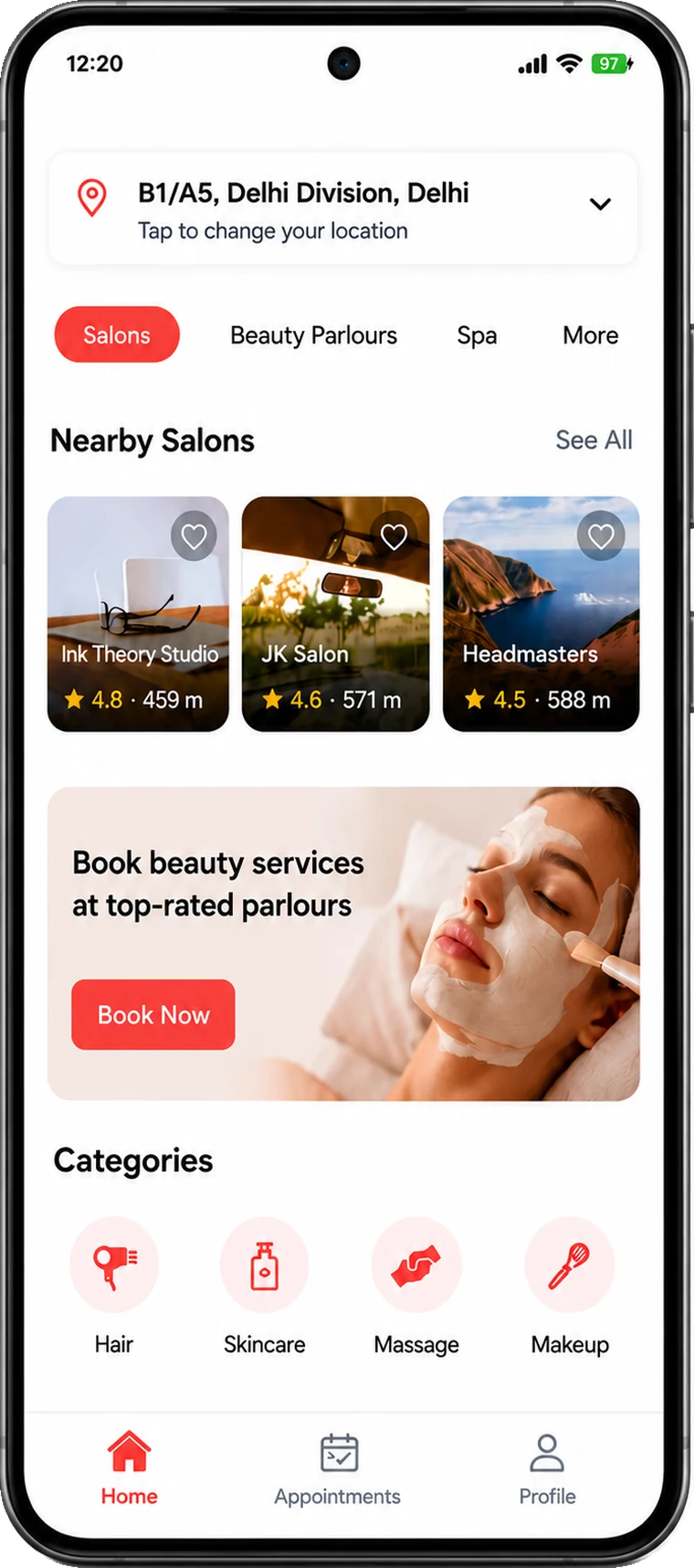 The Gocut app showing nearby salons, ratings and distances in Delhi