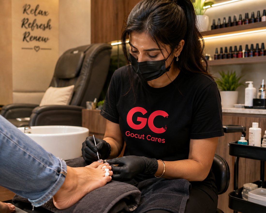 A Gocut specialist in a Gocut Cares uniform giving a pedicure to a client