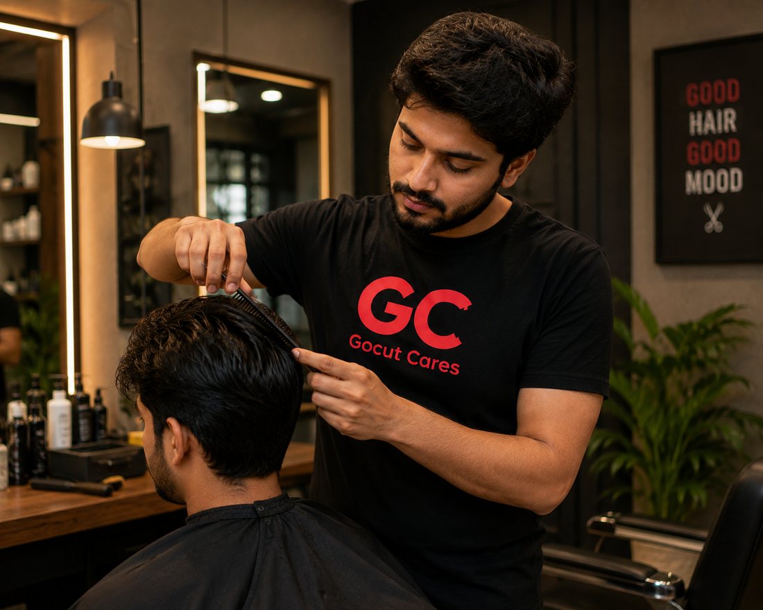 A Gocut barber cutting a client's hair at a booked appointment slot